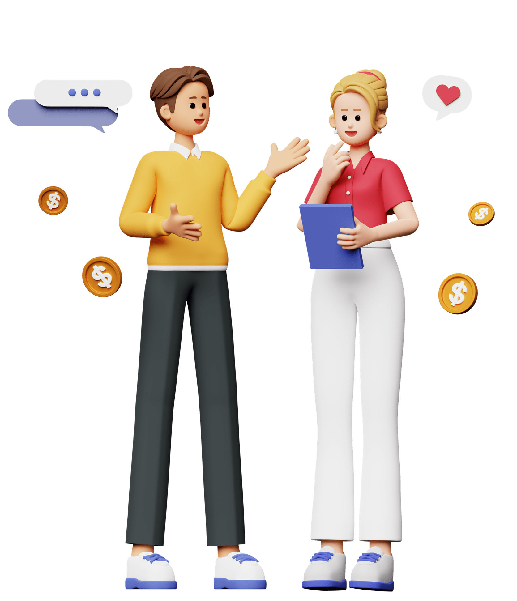 Two people discussing referral with coins floating around