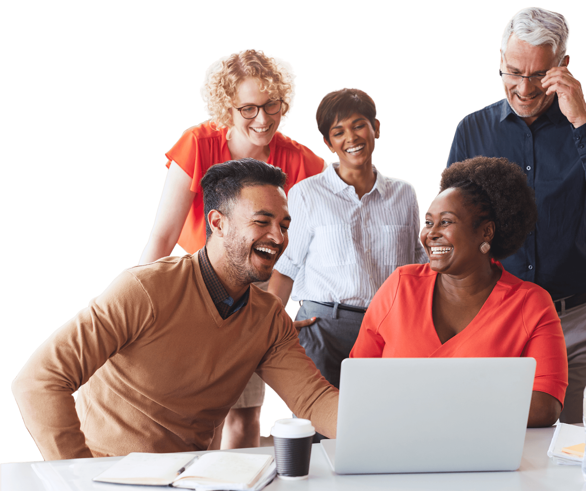 Happy team collaborating