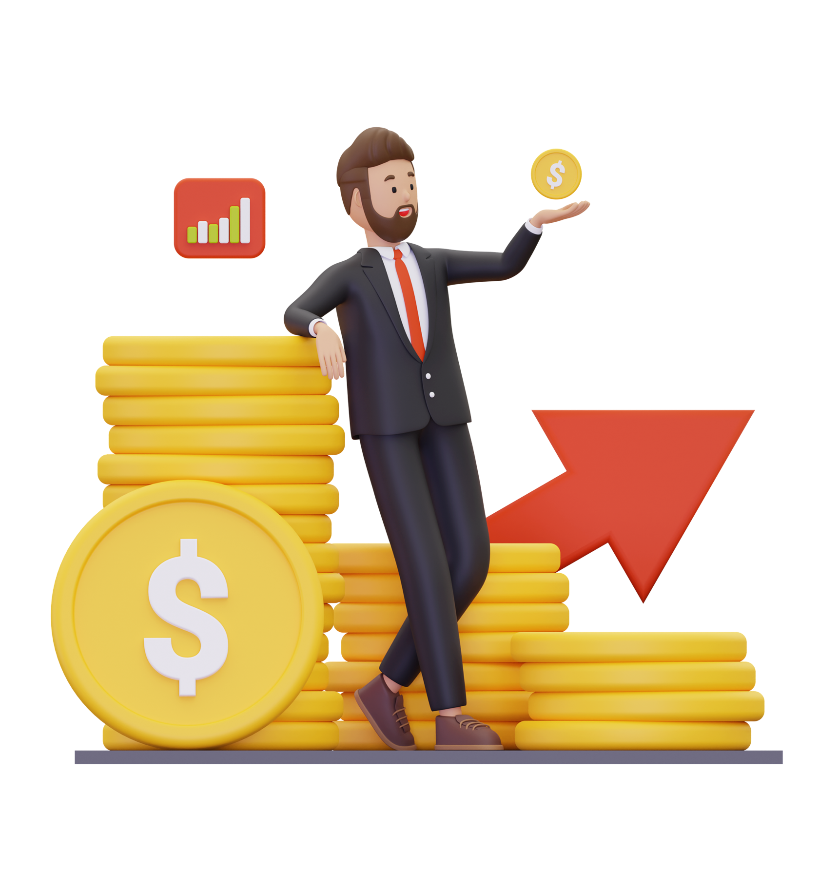 Two people discussing referral with coins floating around