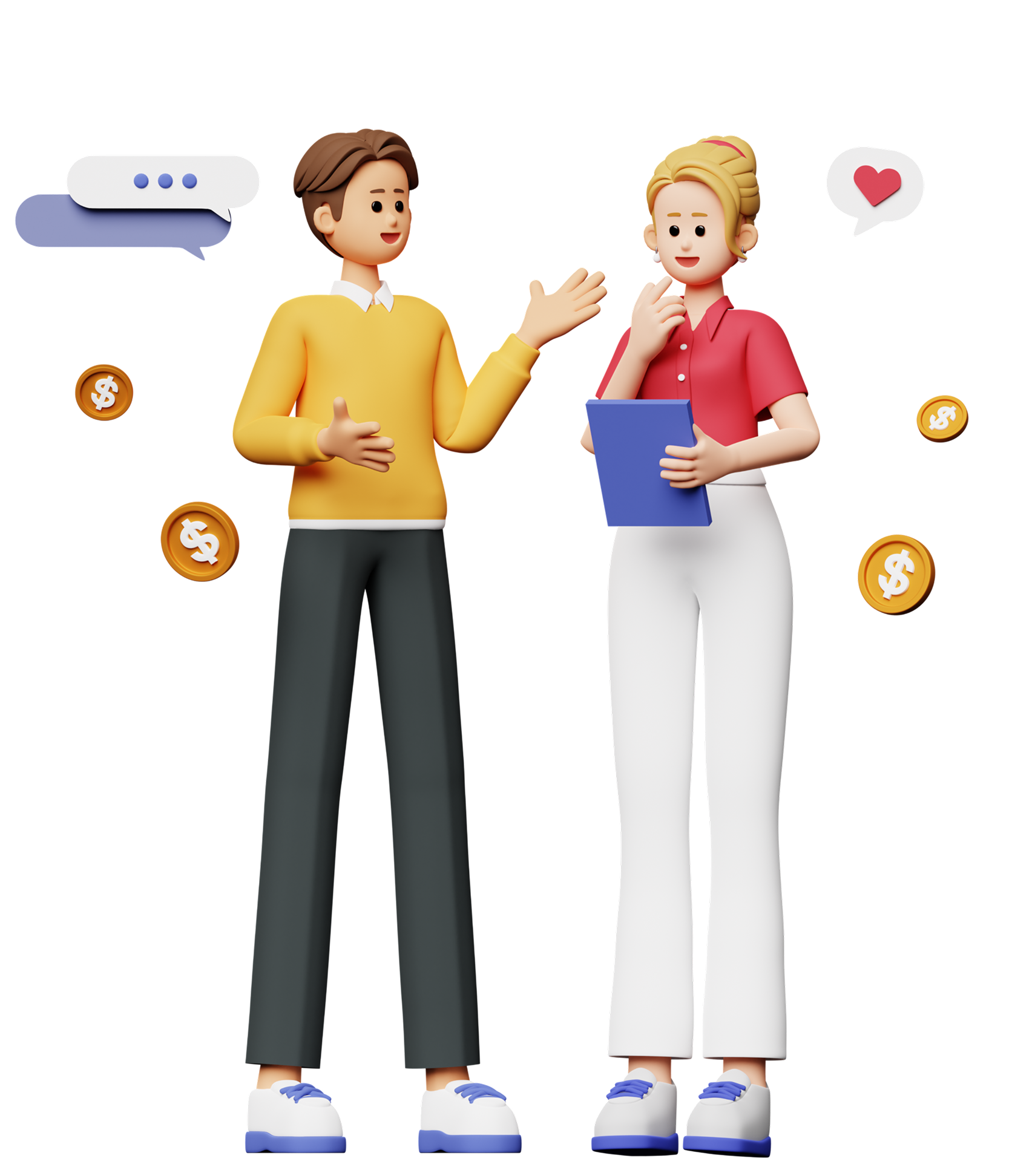 Two people discussing referral with coins floating around